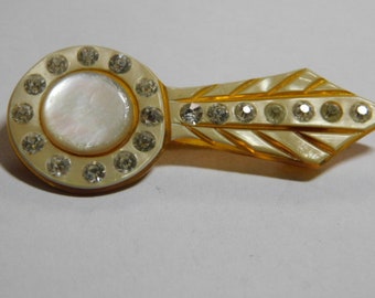 Bakelite Brooch Mother of Pearl and Rhinestone C Clasp 2 1/4 inch long