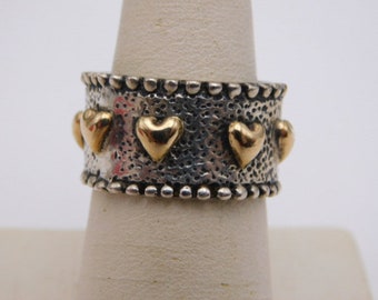 Sterling Cigar Band Ring with 14K YG Puffy Hearts 12mm wide 4 grams Size 8