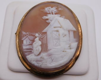 Large Hardstone Brooch Oriental Scene 1 3/4 in by 1 1/2 in 8.9 grams Gold Washed Silver