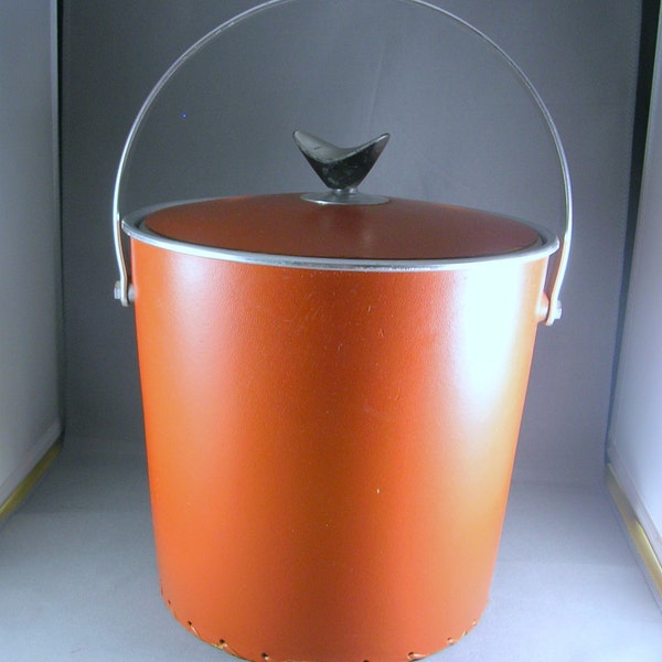 1970s Orange Naugahyde Covered Ice Bucket 8 in X 12 in with handle Laced cover over aluminum True Retro