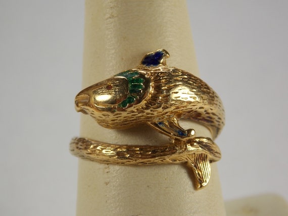 Vintage Blue-Green Enamel Fish Ring 14K Yellow Gold