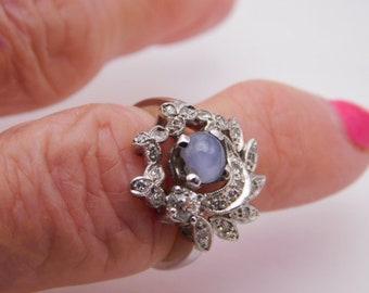 Natural Star Sapphire and Diamond Ring .88 CTW White Gold 14K 4.6 grams Size 6.5