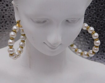 Pearl and Gold Tone Bead Hoop Earrings 14K Post only 1 1/4 inch Diameter