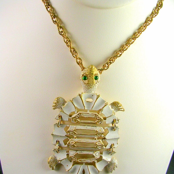 1960s L.Razza Articulated Turtle Pendant White Enamel Green Rhinestone Eyes 3.5in X 2in 26 in chain