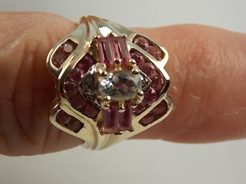 Tourmaline and Aquamarine Ring 1.44Ctw Yellow gold 10K 4.3gm Size 6 March Birthstone