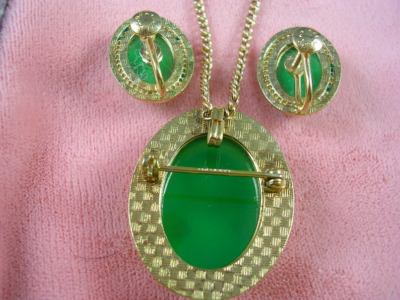 Antique Green Glass & Mother of Pearl Cameo Jewelry Set 14K GF 1 1/2 X 1 inches image 5