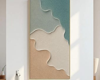 Neutral Tone 3D Texture Abstract Painting, Modern Minimalist Wave Wall Art, Beige Teal Sand Dune Artwork, Earthy Tone Home Decor