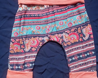 Blue & Coral Aztec with Coral Bands, Grow with Me Harem pants, 3-12m