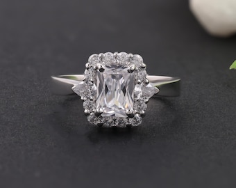 Emerald Cut Moissanite Halo-verlovingsring, sterlingzilveren beloftering
