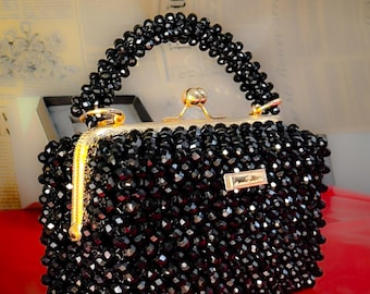 Bolso de noche negro con cristales, bolso de mano brillante hecho a mano para fiestas, bailes de graduación y bodas.