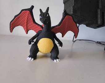 Knitted Style Charizard, 3D Printed Pokemon Art, Faux Amigurumi Dragon, Black Fire Starter, Gamer Room Decor, Cute Anime Gift, Toy Statue