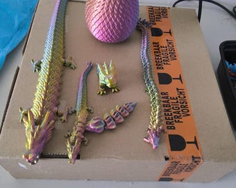 Conjunto de dragón articulado impreso en 3D, huevo de dragón iridiscente, criatura mítica arcoíris de seda, figura de juguete antiestrés, regalo de fantasía, decoración de escritorio.