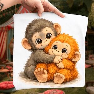 May include: White square pillow featuring a watercolor illustration of two cartoon monkeys hugging. One monkey is gray, the other is orange. Both have large, expressive eyes and are smiling. The pillow is held up by a hand.