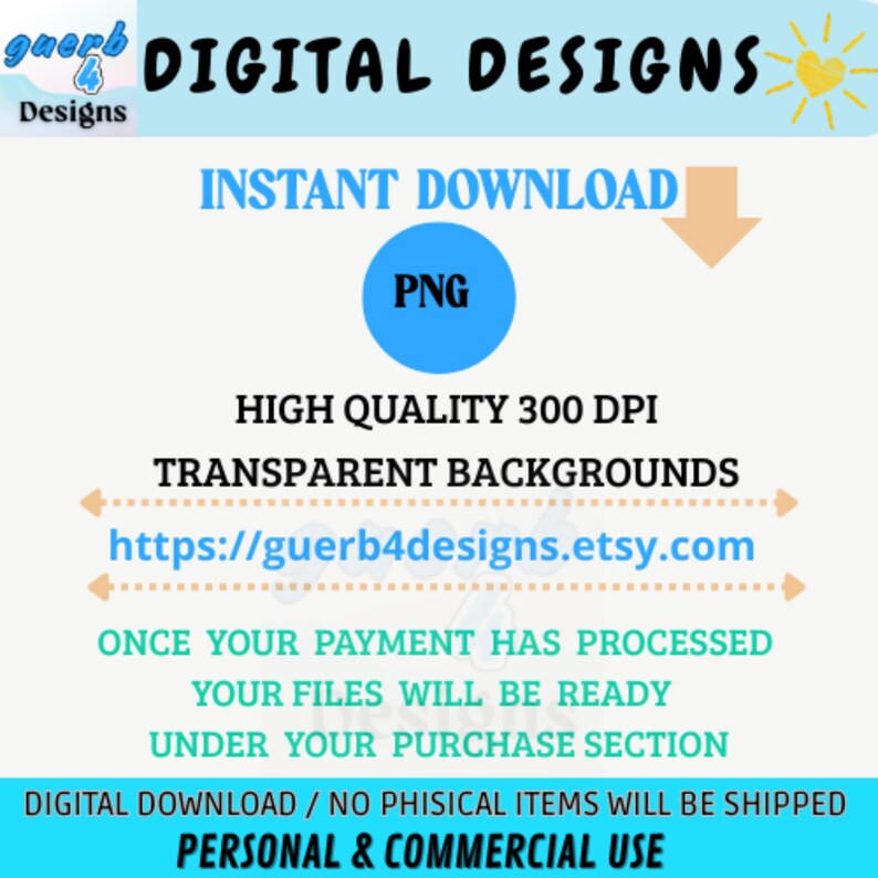 K&ouml;nnte beinhalten: Werbung f&uuml;r digitale Designs mit dem Text "DIGITAL DESIGNS". Das Bild zeigt "SOFORT-DOWNLOAD", "PNG", "HOHE QUALIT&Auml;T 300 DPI" und "TRANSPARENTE HINTERGR&Uuml;NDE". Die Etsy-Shop-URL ist ebenfalls enthalten.