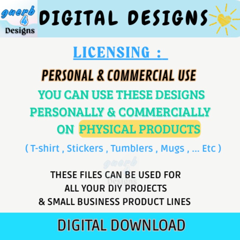 以下が含まれることがあります： 黒色の「DIGITAL DESIGNS」というテキストが入ったデジタルデザインのグラフィック。この画像は、Tシャツやステッカーなどの物理的な製品での個人利用および商用利用に関するライセンス条項を強調しています。DIYプロジェクトや中小企業の製品ラインについても言及しています。