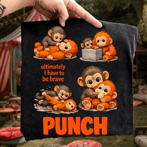 Op de afbeelding: Zwart T-shirt met cartoonapen in verschillende poses. Het shirt toont de tekst "ultimately I have to be brave" en het woord "PUNCH" in oranje. De apen zijn bruin en oranje.