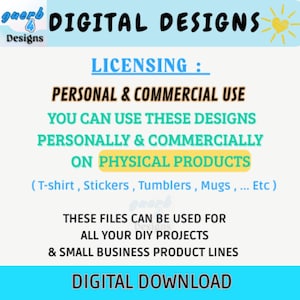 May include: A digital design graphic with the text "DIGITAL DESIGNS" in a bold, black font. The image details licensing for personal and commercial use on physical products like t-shirts and stickers. The text also mentions use for DIY projects and small business product lines.