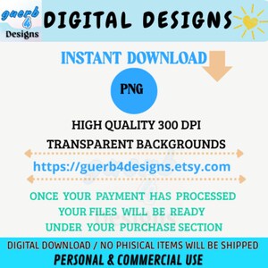 以下が含まれることがあります： 黒色の「DIGITAL DESIGNS」というテキストが入ったデジタルデザインの広告。画像には「INSTANT DOWNLOAD」、「PNG」、「HIGH QUALITY 300 DPI」、「TRANSPARENT BACKGROUNDS」という言葉が含まれています。EtsyショップのURLも含まれています。