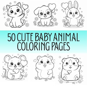 Pode incluir: Ilustração em preto e branco de seis animais bebês, incluindo um gato, um cachorro e um coelho, cada um segurando um balão em forma de coração. O texto diz "50 CUTE BABY ANIMAL COLORING PAGES".
