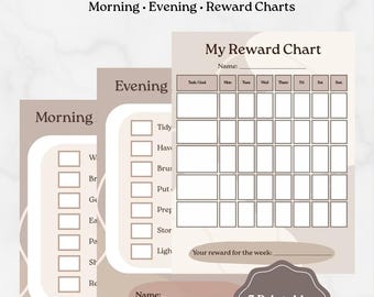 Paquete de rutinas neutras para niños / Tablas de rutina matutina y vespertina / Tabla de recompensas imprimible / Horario visual diario