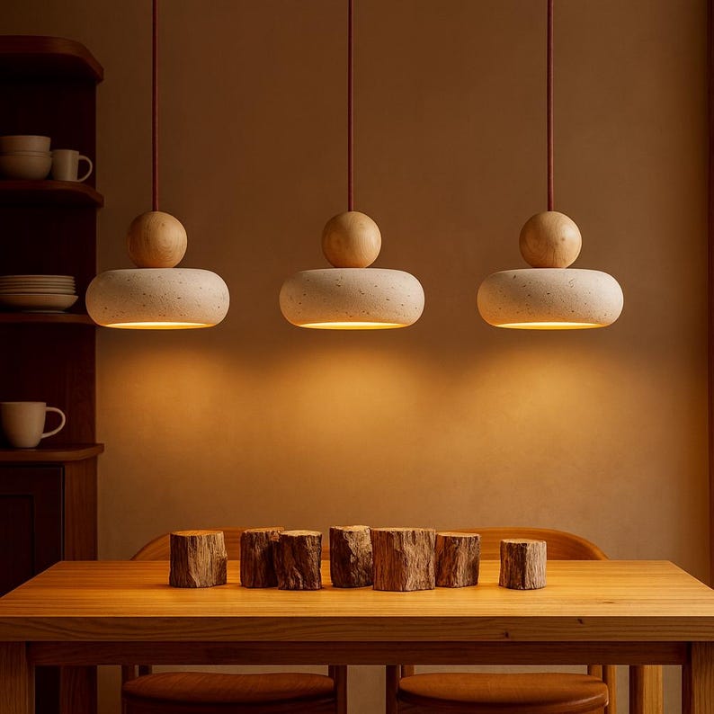 Lámpara colgante de piedra natural y madera: lámpara minimalista escandinava