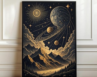 Może przedstawiać: Oprawiony wydruk artystyczny przedstawiający krajobraz niebieski. Grafika przedstawia nocne niebo z planetami, gwiazdami i chmurami nad pasmem górskim. Paleta kolorów obejmuje odcienie złota i czerni.