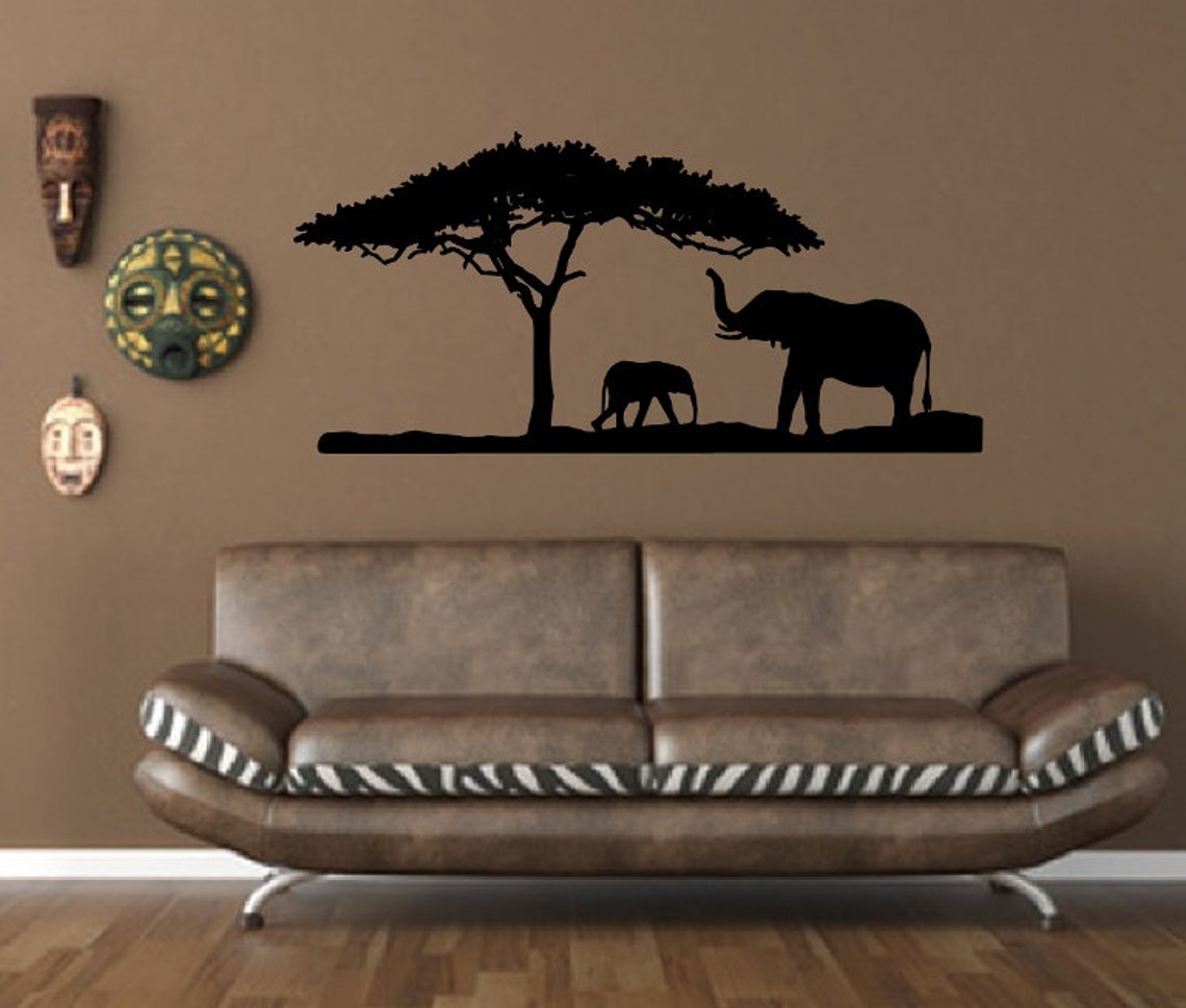Elephant Vinyl Wall Decal African Tree Wall Decal Etsy