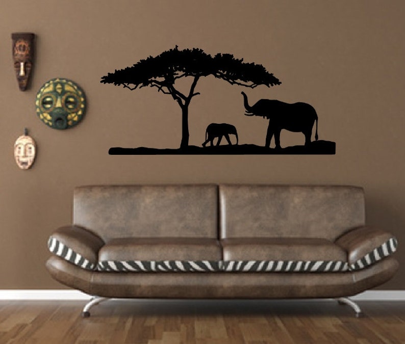 Elephant Wall Decal African Tree Wall Decal Elephants and Tree African Safari Savannah Vinyl Wall Decal Kids Room Decals 22344