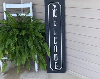 Gothic Halloween Welcome Porch Leaner Sign | Spooky Home Decor | Raven Welcome Sign