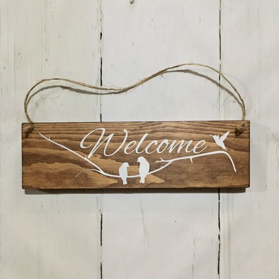 Welcome Sign Birds And Branches Wood Door Hand Painted Image 0