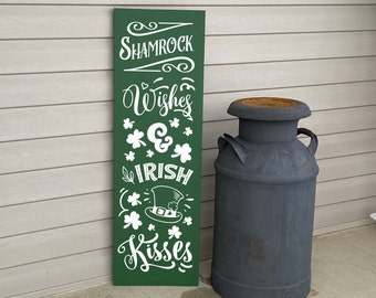 St Patricks Day Decor, Front Porch Decor, Shamrock Wish And Irish Kisses Sign, Painted Wood Porch Sign, Vertical Leaner Sign, 22974