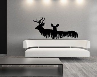 Deer Vinyl Wall Decal | Lodge Or Cabin Decor | Hunting Decal | Deer in Grass  | Style A  22326