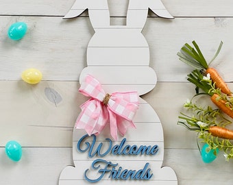 Easter Bunny Front Door Decor Sign, Welcome Friends Bunny Door Hanger, Wooden Door Sign, Easter Wall Decor 22981