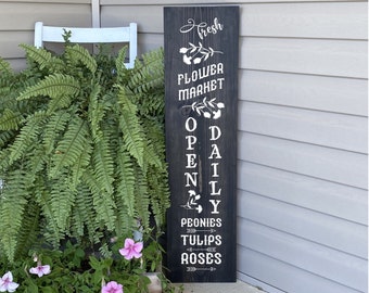 Spring Fresh Flowers Porch Leaner Welcome Sign, Front Porch Decor, Fresh Flower Market Painted Wood Sign, Spring Decor, Summer Decor, 22934