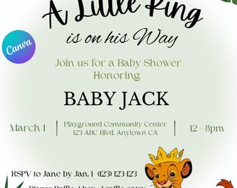 Lion King Baby Shower Invitation - Printable, Editable Template