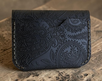 Handgefertigte Paisley Leder Geldbörse, Geprägtes Leder Kartenhalter, schlanke minimalistische Brieftasche, Geschenk für Ihn