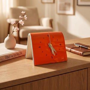 Handmade Ceramic Table Clock, Mid-Century Modern Orange Teal Desk Clock