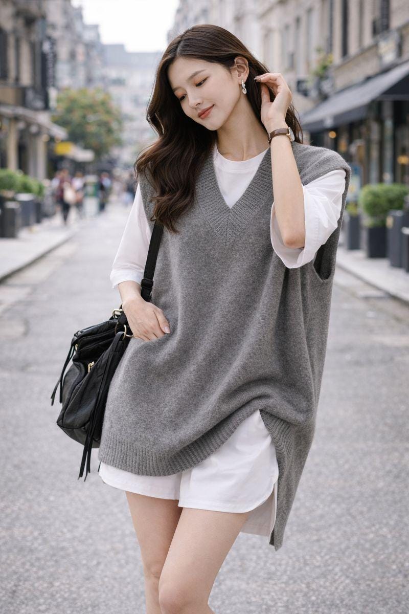 Grey V Neck Knit Vest for Women Korean Lazy College Style Autumn