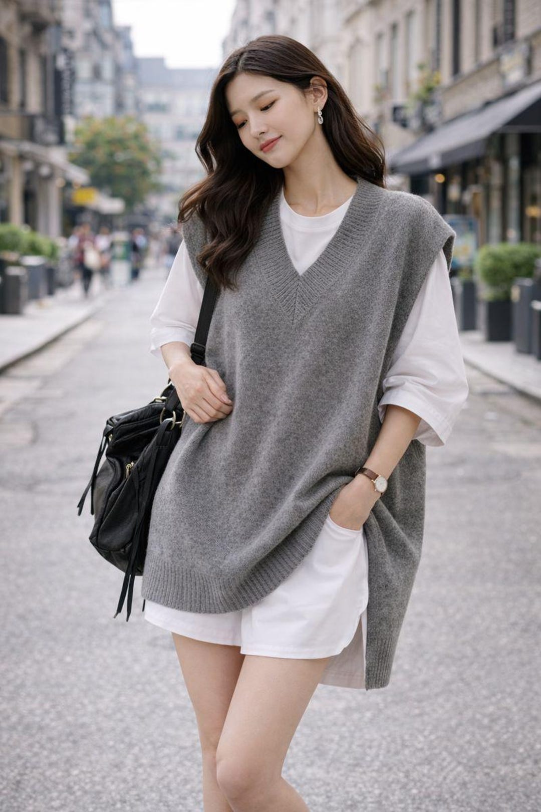 Grey V Neck Knit Vest for Women Korean Lazy College Style Autumn