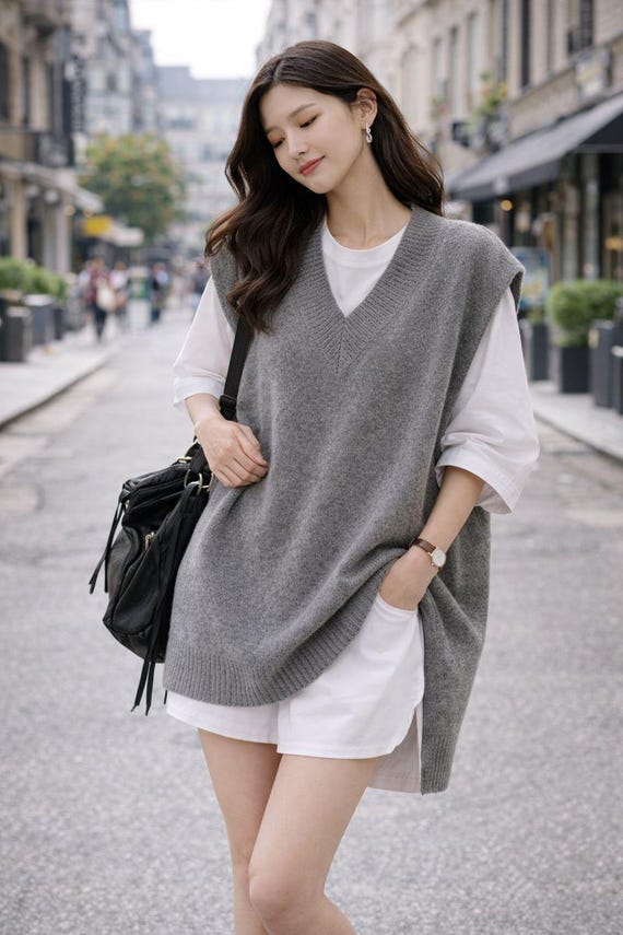 Grey V Neck Knit Vest for Women Korean Lazy College Style Autumn