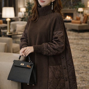 Puede incluir: Un vestido de punto marrón con cuello alto y detalles acolchados en las mangas y los laterales. El vestido presenta un diseño abotonado y se combina con un bolso negro.