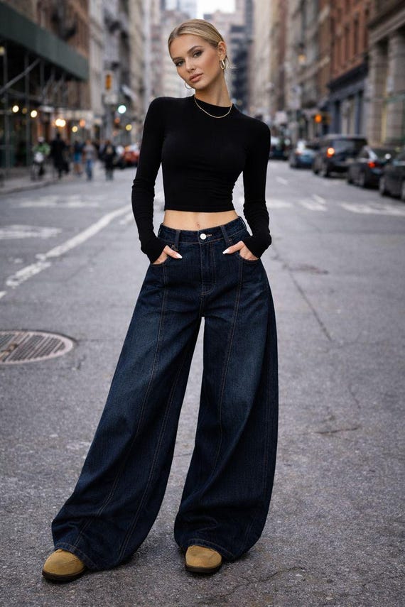 Baggy Jeans for Women Vintage Dark Blue Wide Leg Denim Pants