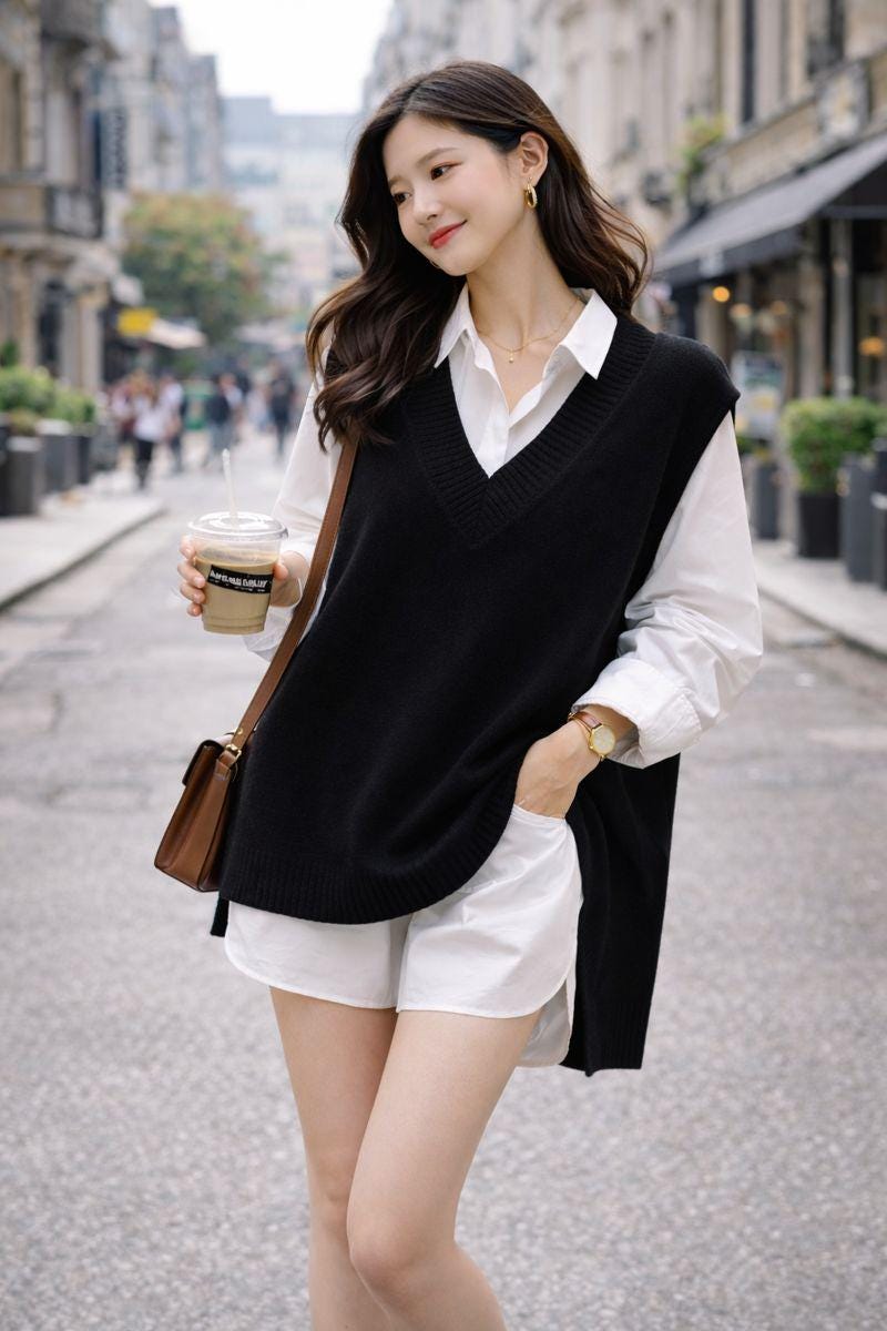 Grey V Neck Knit Vest for Women Korean Lazy College Style Autumn