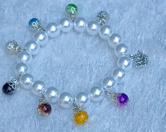 Psalm 23 Bracelet white faux pearl band, round crackle capped beads white green blue clear black brown orange purple, silver-tone crown.