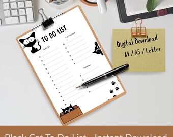 Black Cat To Do List Printable | Cute Cat Planner | Minimal Checklist | Instant Download | A4 A5 Letter | Cat Lover Gift