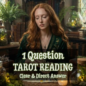 May include: A woman with long red hair wearing a green velvet top, with the text "1 Question Tarot Reading Clear & Direct Answer". The image has a mystical theme, with tarot cards and a candle visible.