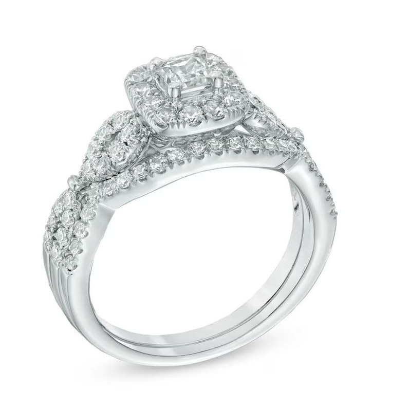 1 CT. T.W. Princess-cut Diamond Frame Twist Bridal Set in 14K White ...