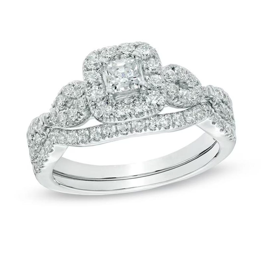 1 CT. T.W. Princess-cut Diamond Frame Twist Bridal Set in 14K White ...