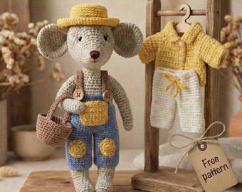 Patrón de ratón de crochet para jardinero (PDF) / Ratón amigurumi de 16,5 a 17 cm