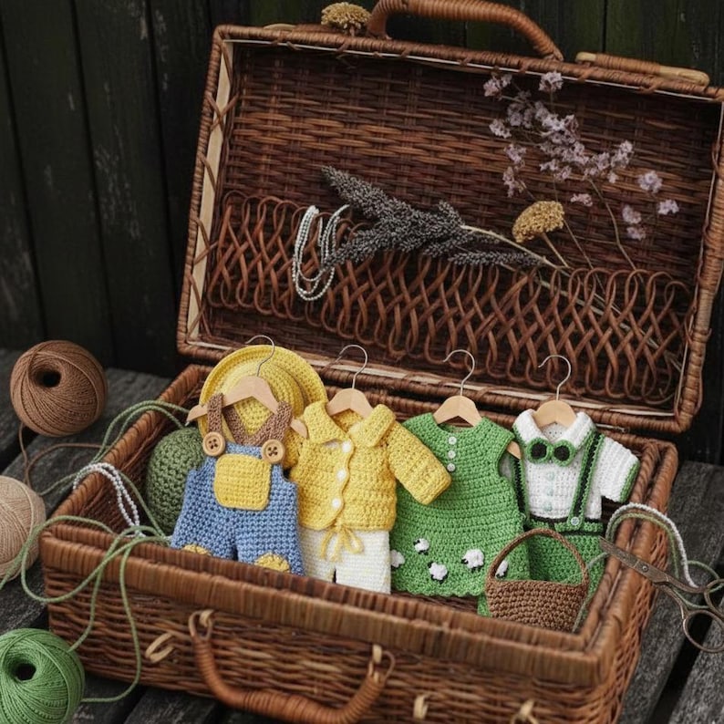 May include: A brown wicker suitcase holds several crocheted baby outfits in yellow, blue, and green. A yellow hat, a small basket, and skeins of yarn are also inside. The suitcase is open, revealing the contents against a wooden background.